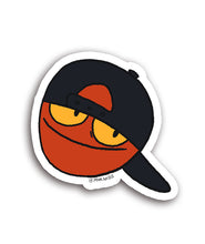 A sticker of the marsoids logo of a face with a sideways hat. 