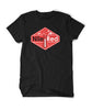 A black t-shirt with a red diamond that reads "Nile Red" with a test tube in the middle and molecules floating above the top.