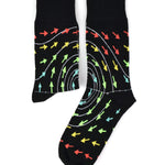 A black sock with spiraling white lines and red, yellow, green, and blue arrows on an axis - from 3Blue1Brown.