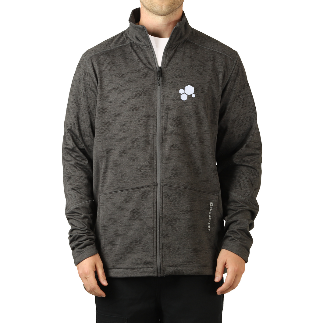A heather grey zip up jacket with four white hexagons in the top left in varying sizes. "Endurance" is written on the left pocket - from CGP Grey.