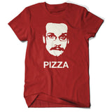 A red shirt with a white vector image of John Green with a mustache in the center and the word “Pizza” written below in white, sans serif font - from Vlogbrothers