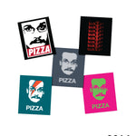 Five different Pizza John designs as stickers from 2014 - from Vlogbrothers