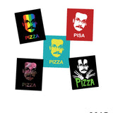 Five different Pizza John designs as stickers from 2015 - from Vlogbrothers