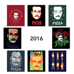 Eight different Pizza John designs as stickers from 2016 - from Vlogbrothers