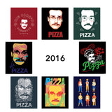 Eight different Pizza John designs as stickers from 2016 - from Vlogbrothers