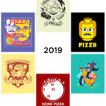 Six different Pizza John designs as stickers from 2019 - from Vlogbrothers