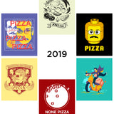 Six different Pizza John designs as stickers from 2019 - from Vlogbrothers
