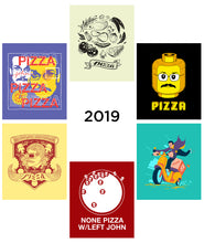 Six different Pizza John designs as stickers from 2019 - from Vlogbrothers