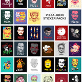 A collection of thirty-four different Pizza John designs from past years with "PIZZA John Sticker Pakcs" written in black on the second row - from Vlogbrothers