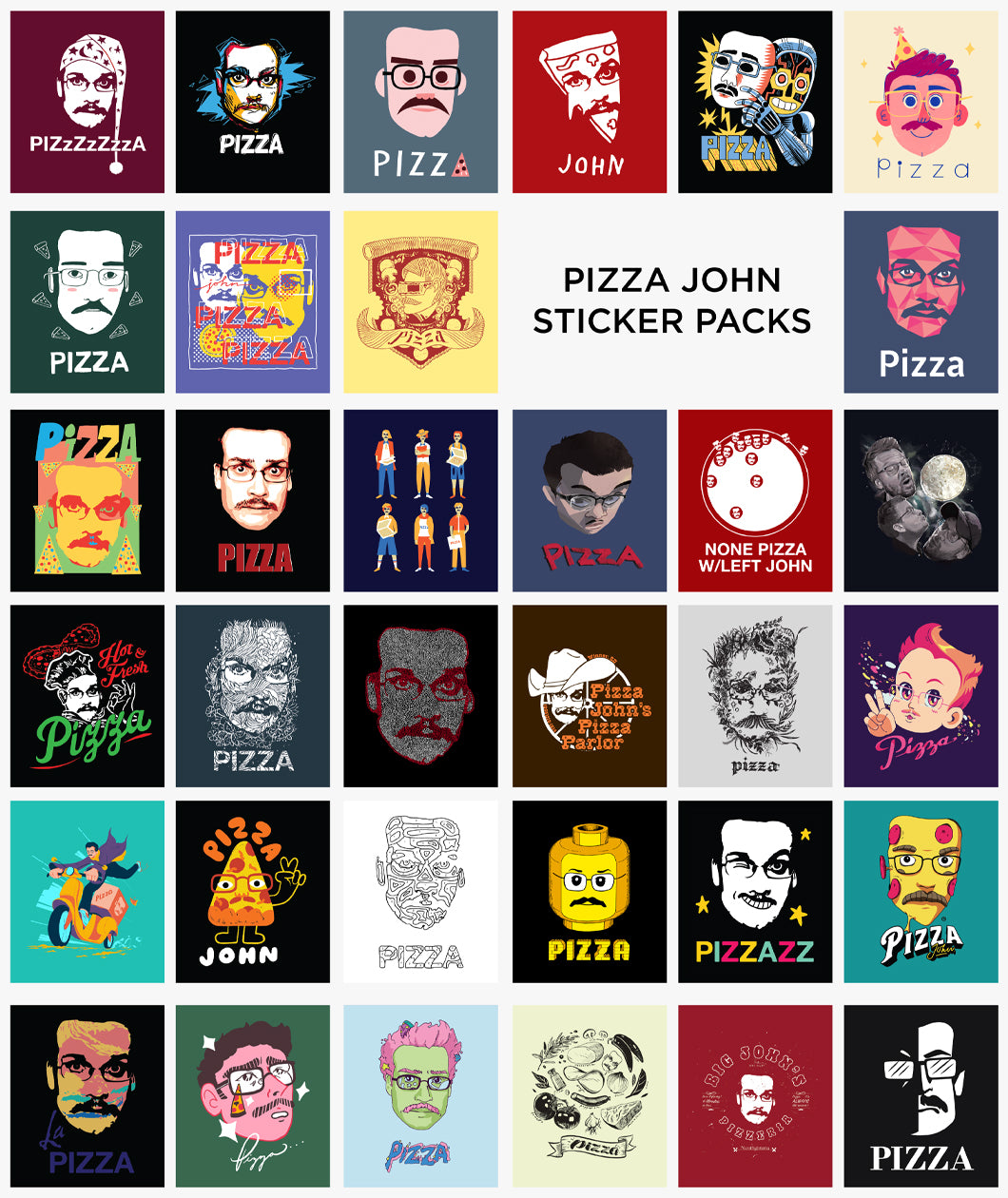 A collection of thirty-four different Pizza John designs from past years with "PIZZA John Sticker Pakcs" written in black on the second row - from Vlogbrothers