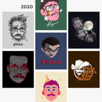 Seven different Pizza John designs as stickers from 2020 - from Vlogbrothers