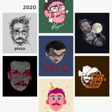 Seven different Pizza John designs as stickers from 2020 - from Vlogbrothers