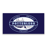 Dark blue rectangle with a scene showing Hogwarts is an oval. Across the scene it reads "Potterless" with "Outwit, Outplay and Outlast" along the outside.