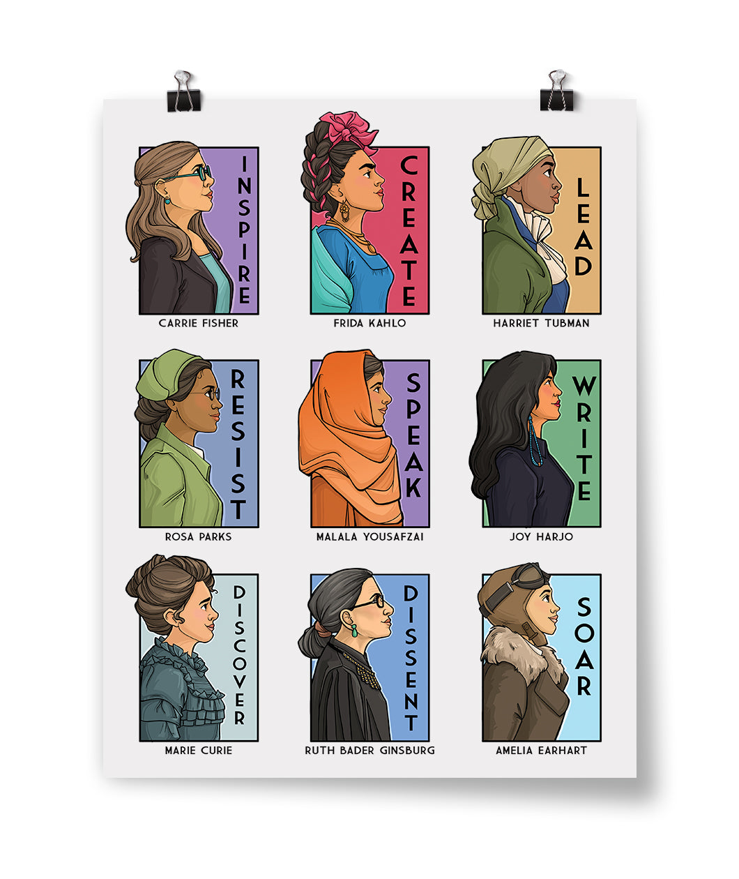 The Real Women poster from Karen Hallion depicts a grid of nine profiles of influential women each with a word written next to them.