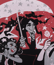 A close up of the red poster with three characters from Appeal all smiling together under an umbrella.