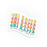 A sticker that is shaped like a flag with a white background with the words "Chi Kappa" repeated four times with "Social Club; Est. 2018" below it. From Sierra Schultzzie.