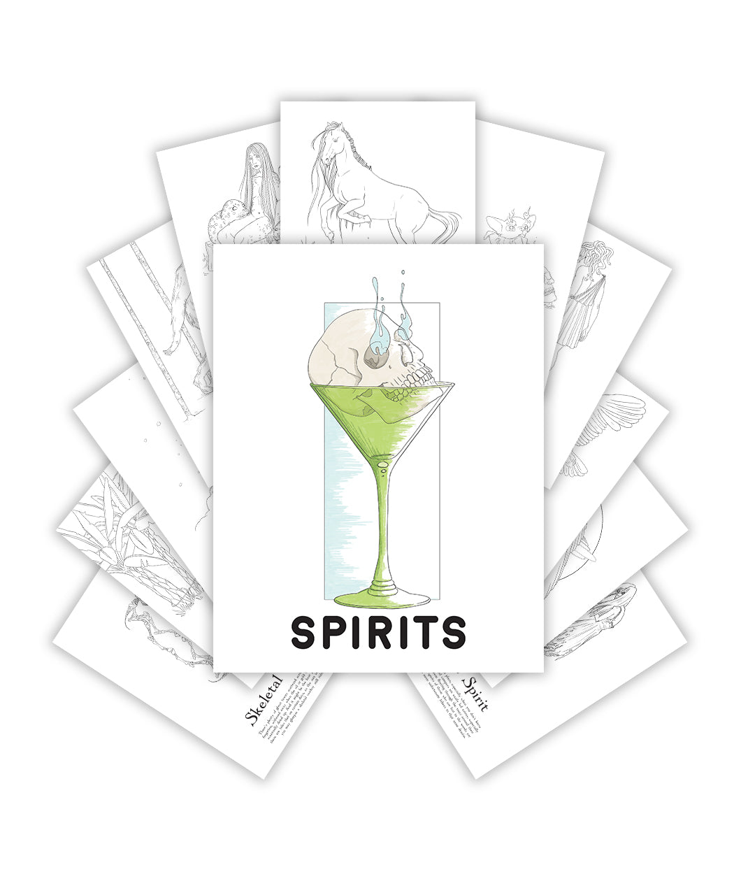 Cover of coloring book with a green martini glass and a skull resting inside with blue flames coming out of the eye sockets. “Spirits” is underneath in black sans serif font. Behind cover are eleven different sketches to color - from Spirits