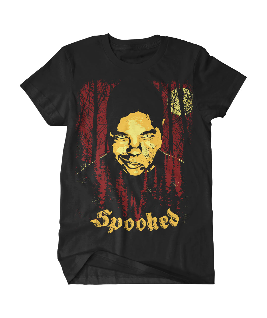 A black t-shirt with a red forest and a full yellow moon. Someone head is poking through the forest. The word "Spooked" is written in yellow across the bottom. From A black and white enamel pin showing the back of a person with headphones on and holding something in their right hand with their left hand raised to the sky. From Snap Judgement.