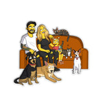 Sticker featuring two adults, 1 child, 3 dogs, and 2 cats sitting on and around a brown couch drawn in the style of The Simpsons - by Charles Trippy