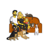 Sticker featuring two adults, 1 child, 3 dogs, and 2 cats sitting on and around a brown couch drawn in the style of The Simpsons - by Charles Trippy