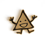 Black outline drawing of triangle with a happy face celebrating on a gold pin - from Vi Hart