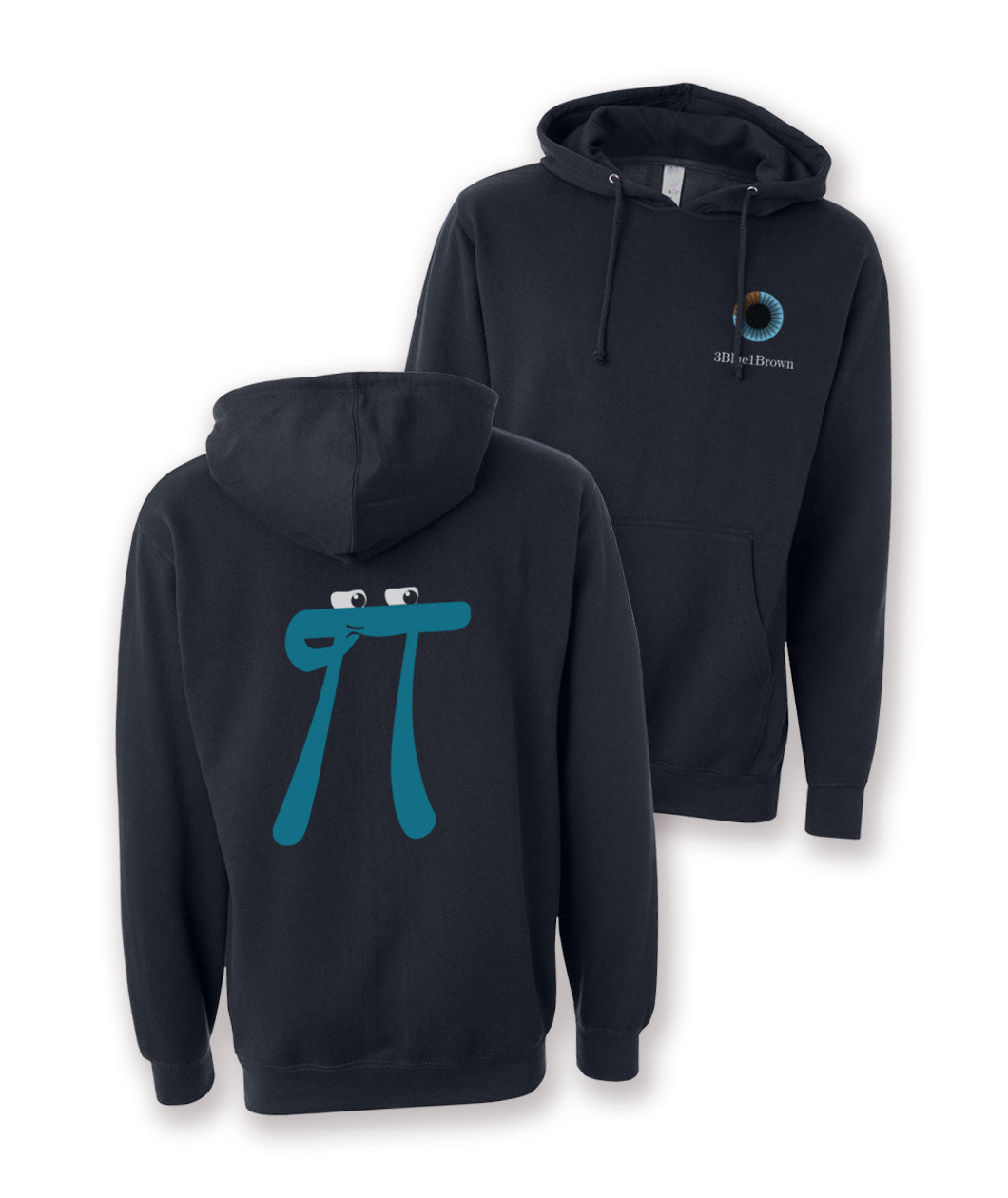 The front and back view of a black hoodie. The front of the hoodie has the 3Blue1Brown logo design over the breast and the back of the hoodie has a design of a pondering, blue pi character. From 3Blue1Brown.