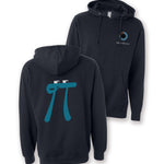 The front and back view of a black hoodie. The front of the hoodie has the 3Blue1Brown logo design over the breast and the back of the hoodie has a design of a pondering, blue pi character. From 3Blue1Brown.