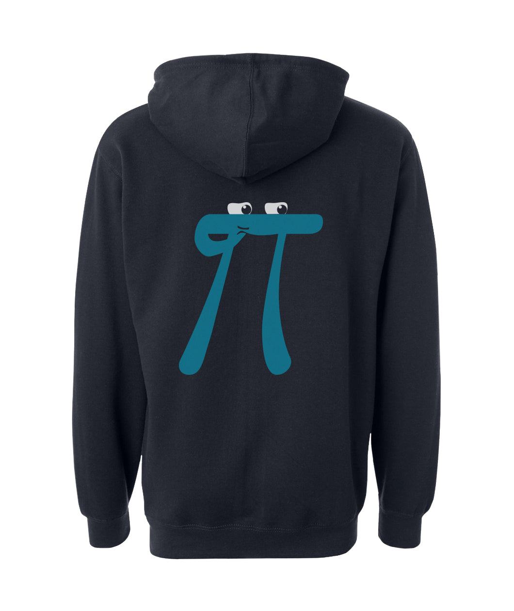 The back view of a black hoodie. The back of the hoodie has a design of a pondering, blue pi character. From 3Blue1Brown.