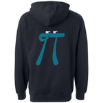 The back view of a black hoodie. The back of the hoodie has a design of a pondering, blue pi character. From 3Blue1Brown.