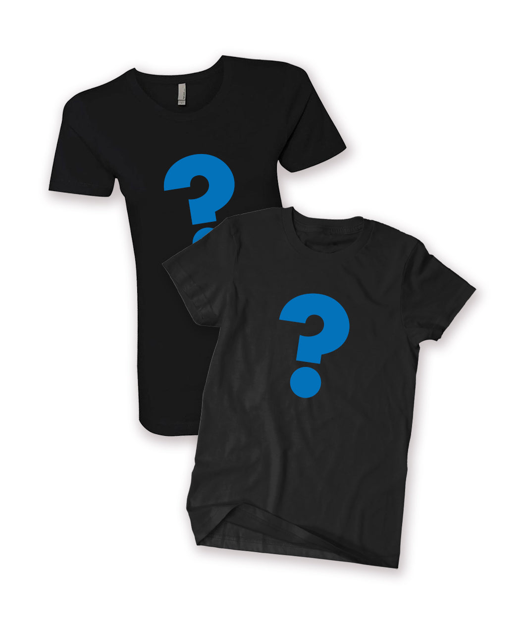 A black curved shirt and a black unisex shirt with blue question marks on them to show the shirt you are getting is a mystery