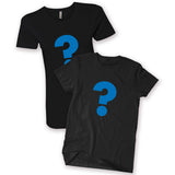 A black curved shirt and a black unisex shirt with blue question marks on them to show the shirt you are getting is a mystery