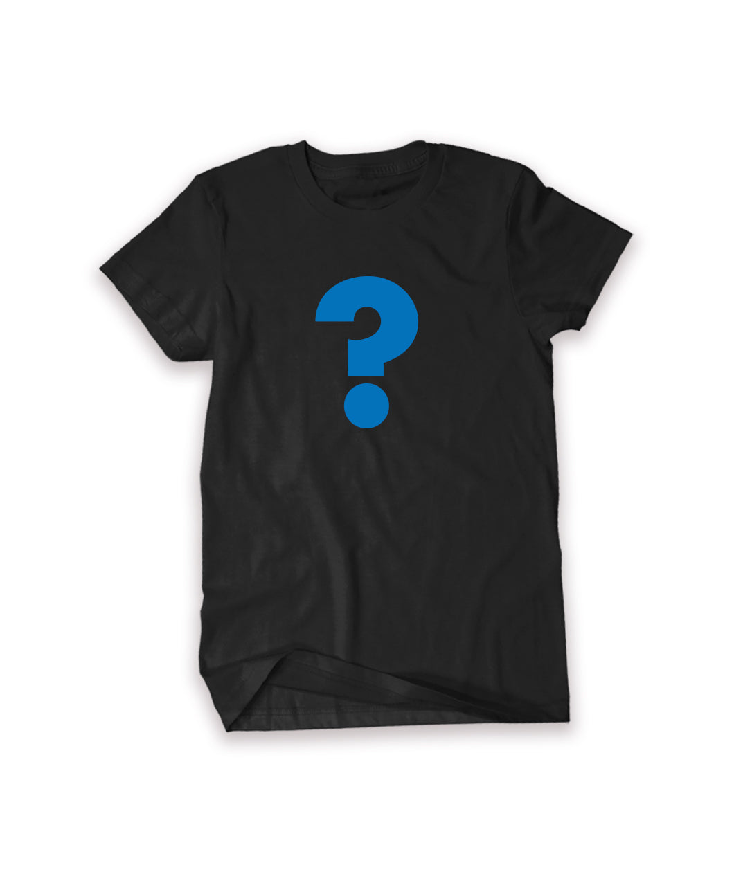 A black unisex shirt with blue question mark on it to show the shirt you are getting is a mystery.