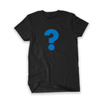 A black unisex shirt with blue question mark on it to show the shirt you are getting is a mystery.