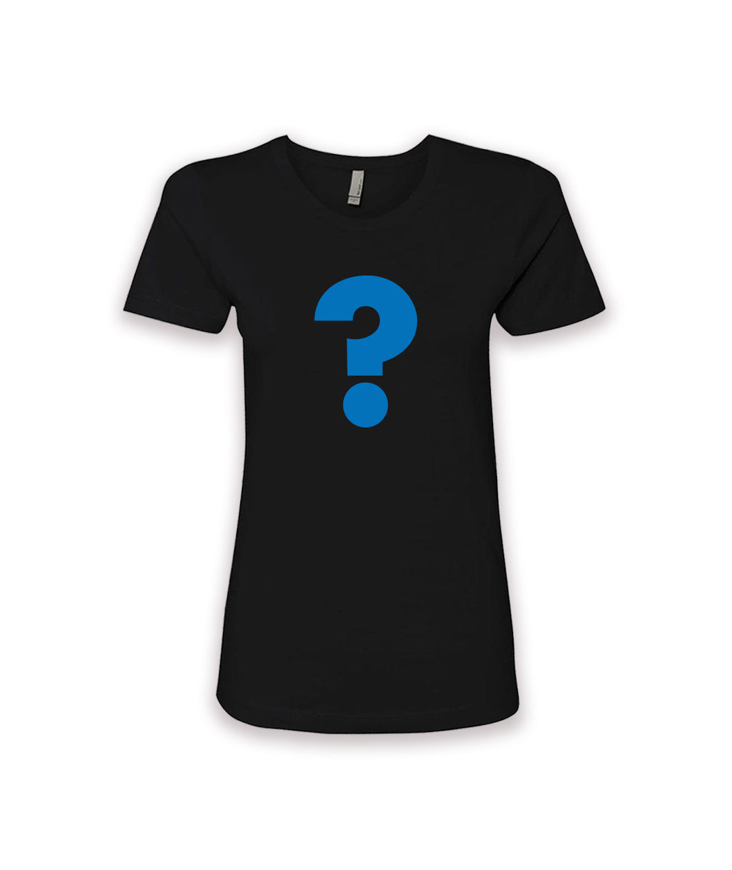 A black curved shirt with blue question mark on it to show the shirt you are getting is a mystery.