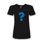 A black curved shirt with blue question mark on it to show the shirt you are getting is a mystery.