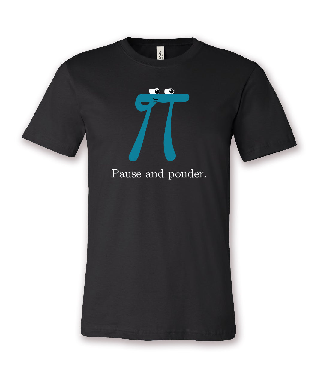 A black t-shirt with a blue pi character in thought. The shirt reads, "Pause and ponder." From 3Blue1Brown.