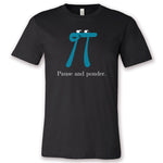 A black t-shirt with a blue pi character in thought. The shirt reads, "Pause and ponder." From 3Blue1Brown.