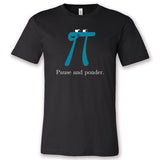 A black t-shirt with a blue pi character in thought. The shirt reads, "Pause and ponder." From 3Blue1Brown.