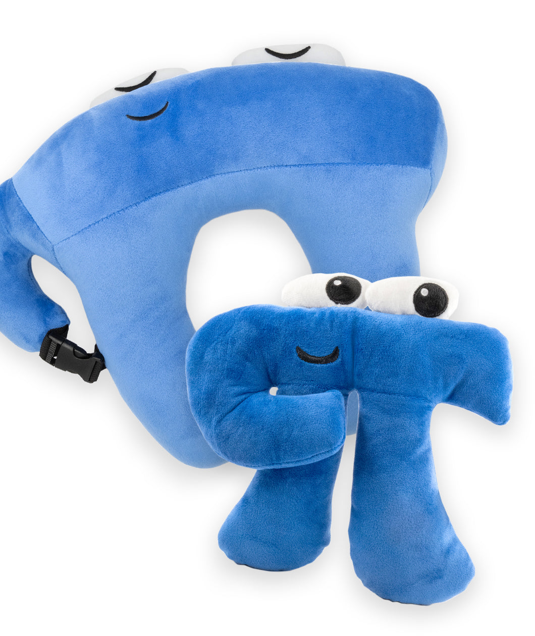 A blue neck pillow in the shape of a pi character and a blue pi shaped plush toy with large oval shaped eyes on the top of his head.