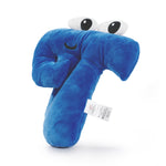 A three-quarters view of a blue pi shaped plush toy with large oval shaped eyes on the top of his head. From 3Blue1Brown.