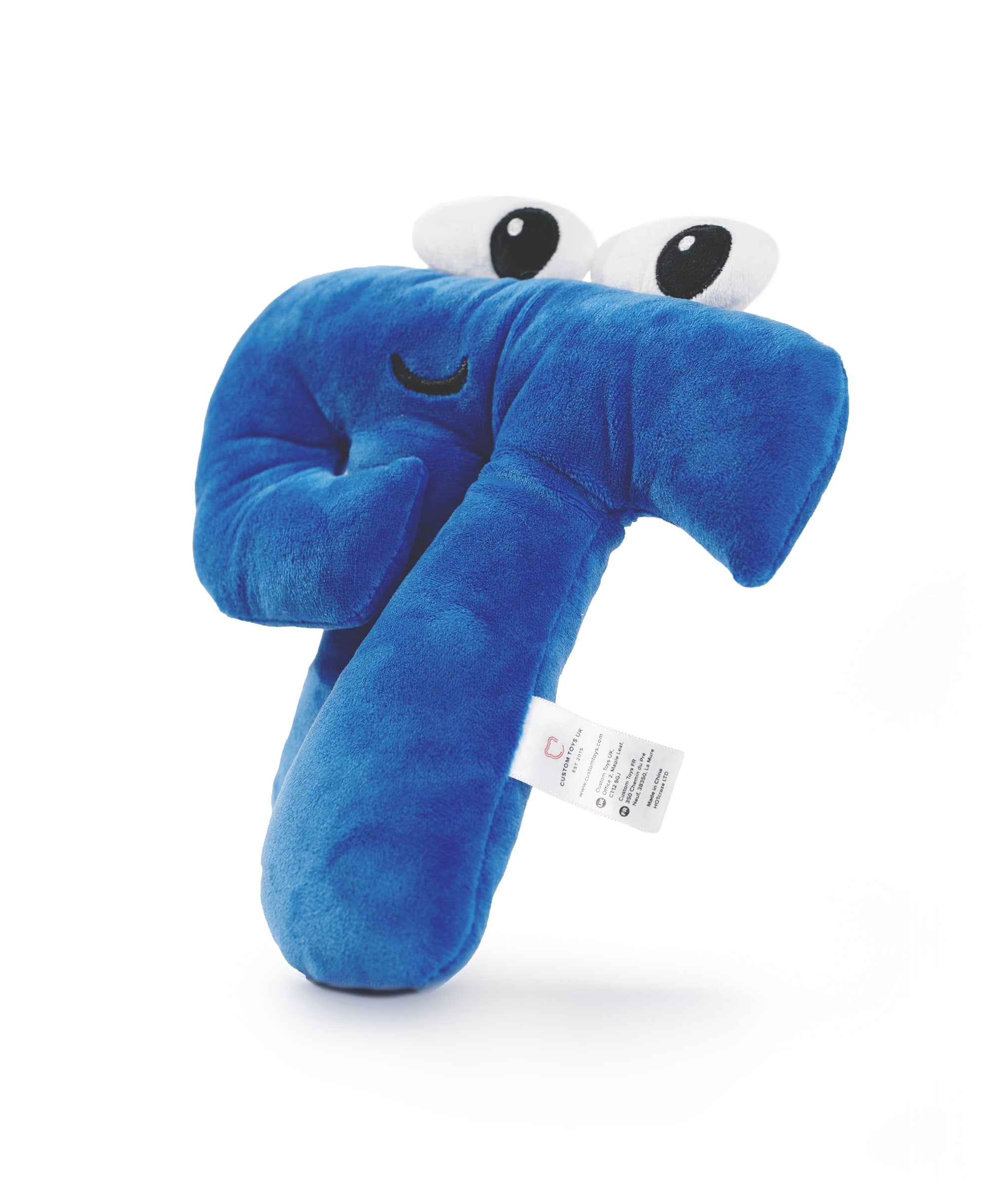 A three-quarters view of a blue pi shaped plush toy with large oval shaped eyes on the top of his head. From 3Blue1Brown.