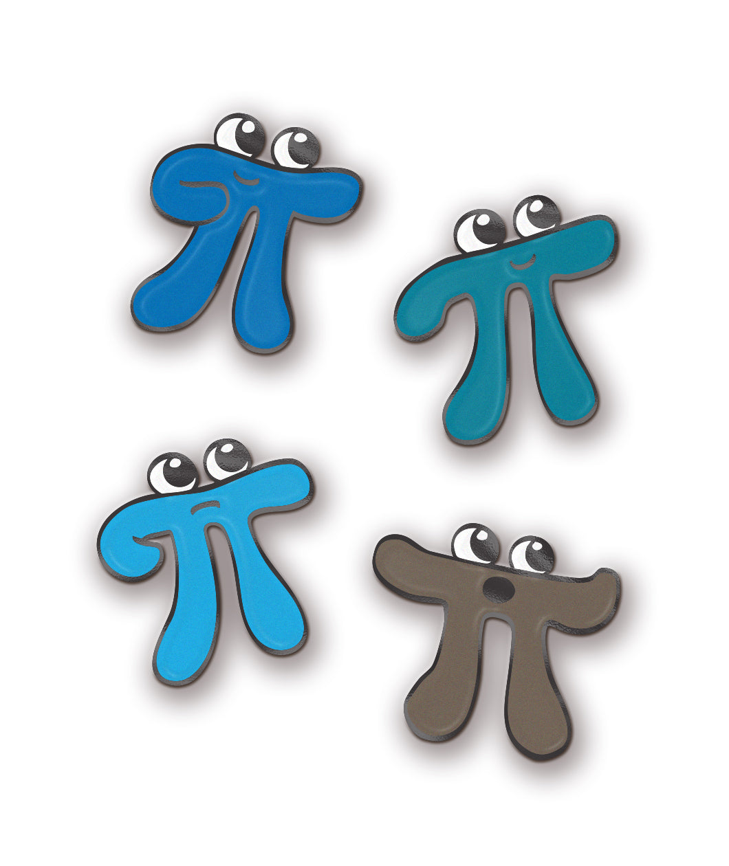 A set of four hard enamel pins of pi characters in various colors. Three of the characters are blue and one is brown. Each one has a different expression. From 3blue1Brown.