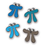 A set of four hard enamel pins of pi characters in various colors. Three of the characters are blue and one is brown. Each one has a different expression. From 3blue1Brown.