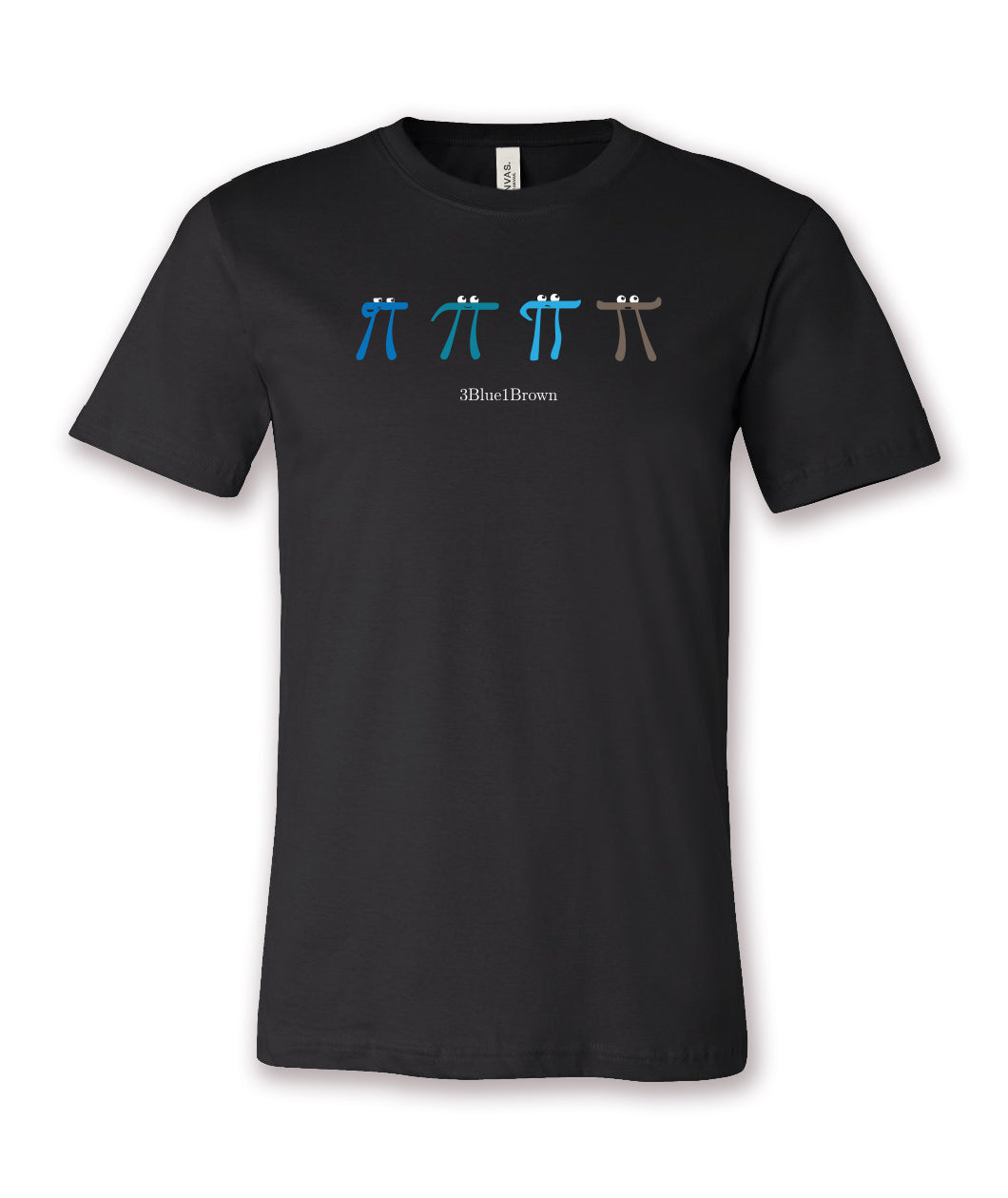 A black t-shirt with four pi characters. Three are different shades of blue and one is brown. The print is accompanied with the text "3Blue1Brown" below. From 3Blue1Brown.