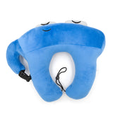 A blue neck pillow in the shape of a pi character. The pillow is blue, with a sleeping face and an arm that can be clipped to the body. The part of the pillow that wraps around the neck connects with a drawstring at the end of the arms. From 3Blue1Brown.