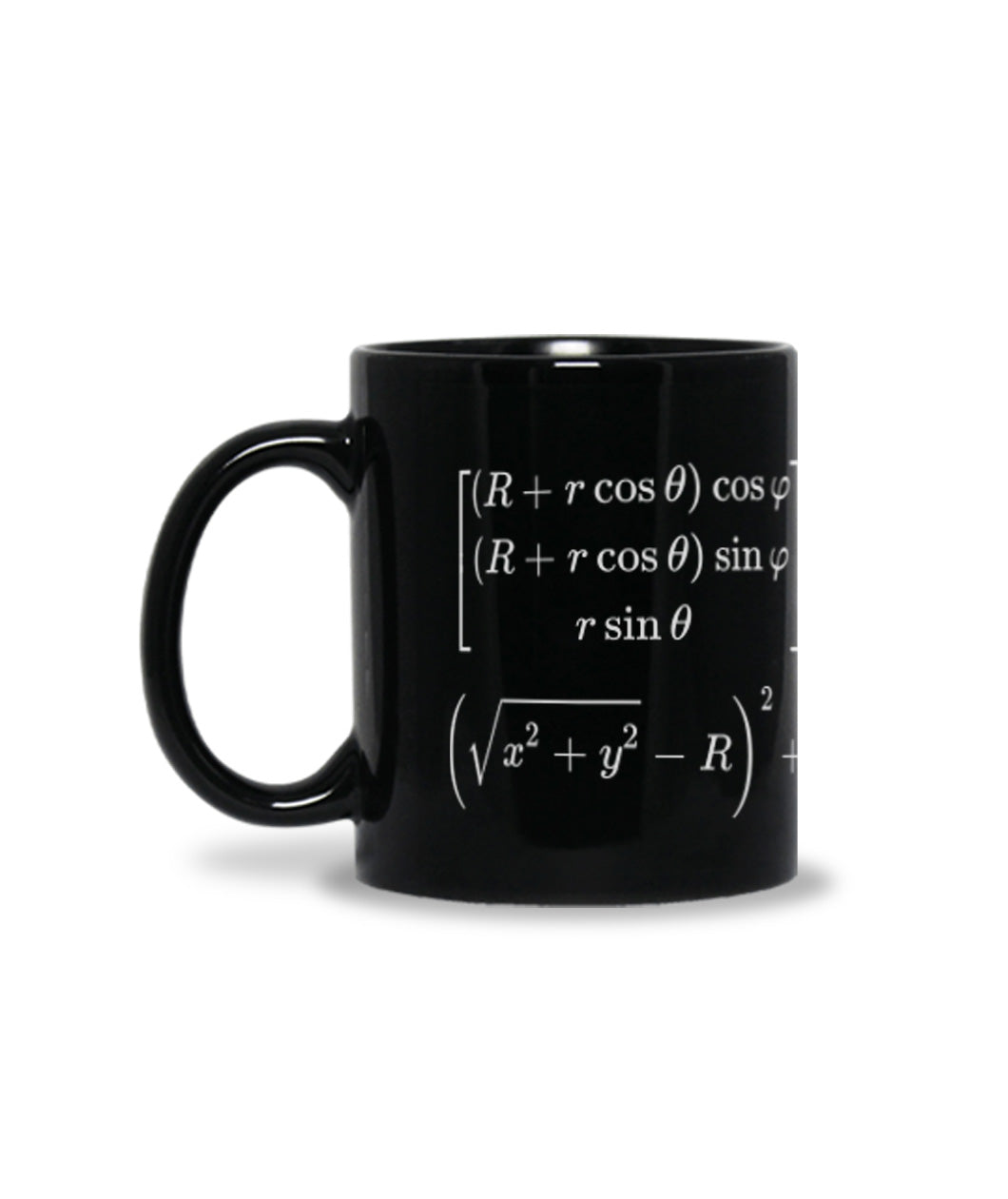 A black mug with white print wrapped all around it. The printed design is of Euler's characteristic formula. From 3Blue1Brown.