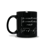 A black mug with white print wrapped all around it. The printed design is of Euler's characteristic formula. From 3Blue1Brown.