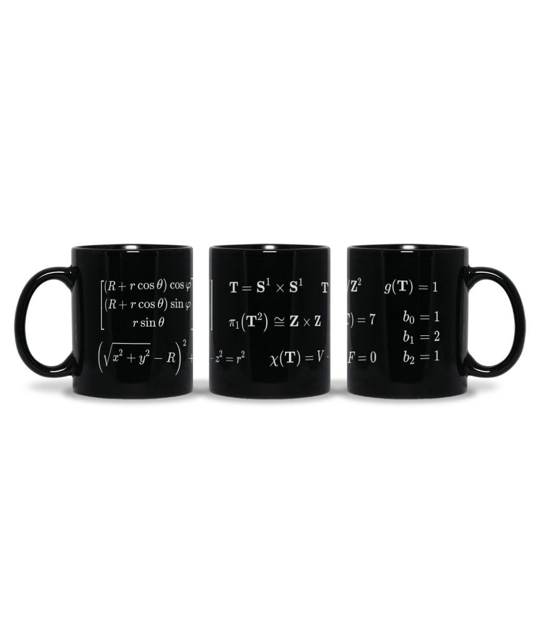 A black mug with white print wrapped all around it, shown at three different angles. The printed design is of Euler's characteristic formula. From 3Blue1Brown.