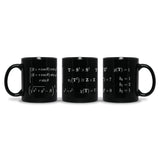 A black mug with white print wrapped all around it, shown at three different angles. The printed design is of Euler's characteristic formula. From 3Blue1Brown.