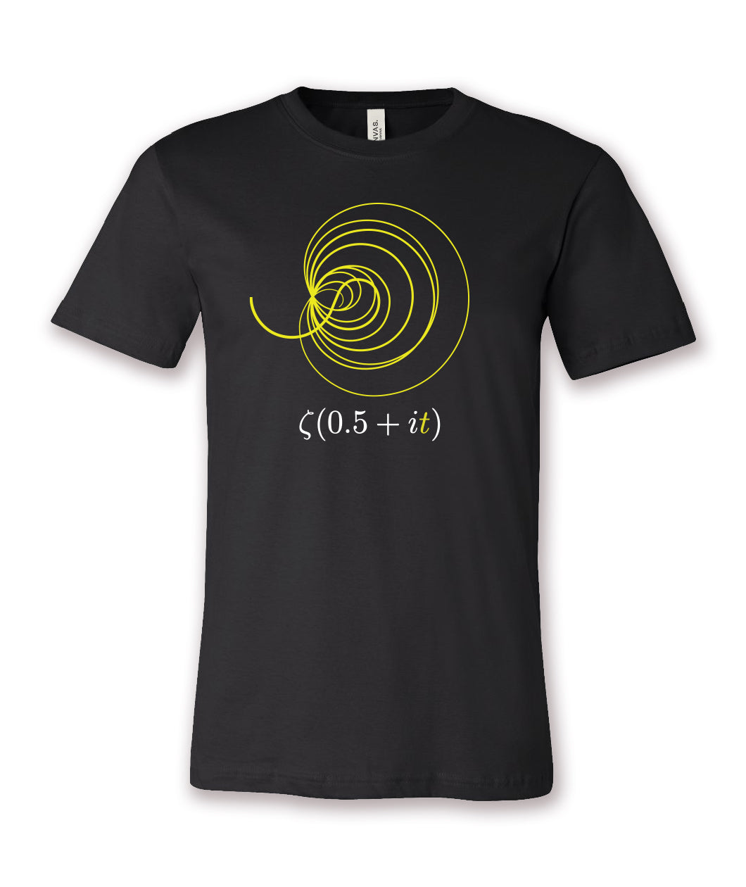 A black t-shirt with the zeta function printed on the front. The function looks like a large spiral, printed in yellow ink. From 3Blue1Brown.